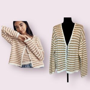 Madewell Open Stitch Cardigan Sweater Cream & Tan Stripe Size Large